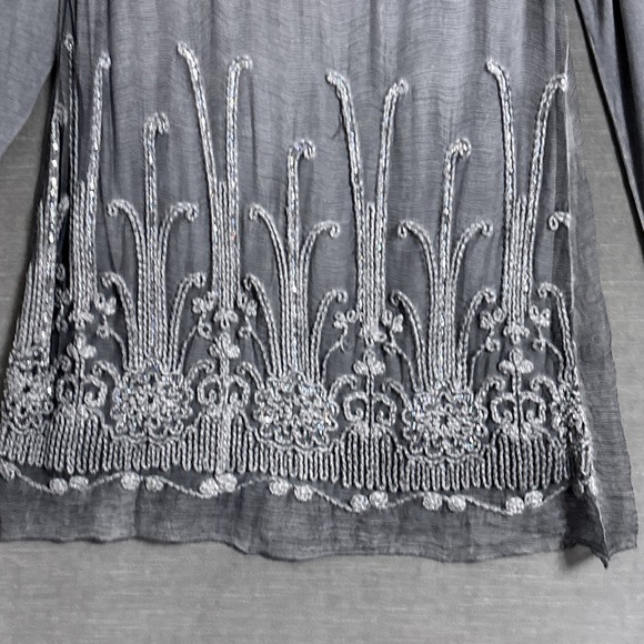 Soft Surroundings Top S Gray Silk Embroidered Boho Tunic Artsy Lagenlook Flowy - Picture 3 of 11